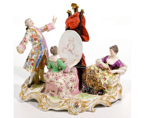 French Porcelain Figurine  Depicting a female sitting for a portrait with a female artist and easel having partially painted 