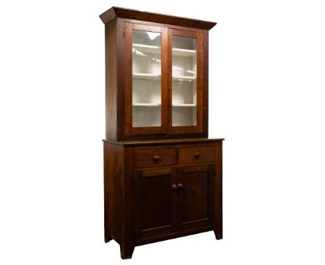 Shaker Style Wood Hutch  Having (2) glass doors opening to (3) stationary shelves setting on a base having (2) dovetailed dra