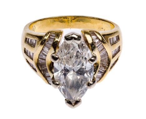 18k Gold and 3.03 Carat Diamond Engagement Ring  Having a central marquise cut diamond weighing approximately 3.00 carats, I-