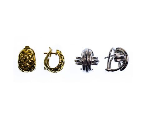 Tiffany &amp; Co 18k Gold Pierced Earring Assortment  (2) pair including white gold X-design and yellow gold basket weave des