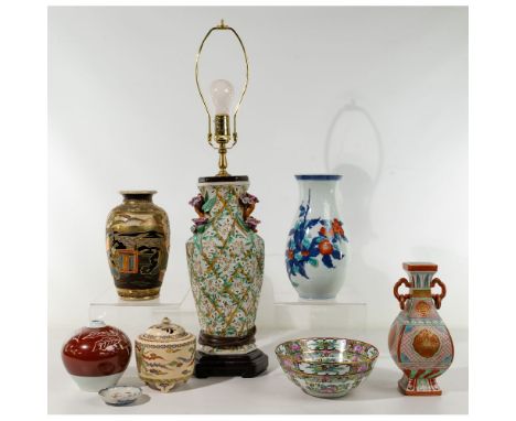 Asian Porcelain Assortment  (8) items including (4) vases with Satsuma and Imari style, 3-footed censer having a bird motif, 