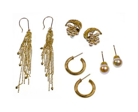18k Yellow Gold Pierced Earring Assortment  (4) pairs of earrings including 8mm pearl studs; cluster set pearls with leaf; ri