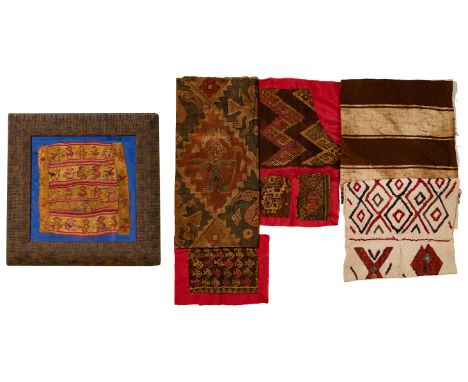 Pre-Columbian Style Chankay Painted Textile and Tapestry Assortment  (9) items including a Chimu style painted cloth depictin
