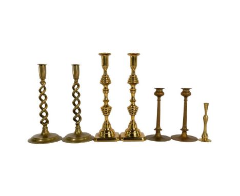 Brass Candlestick Assortment  (6) items with (3) matching sets including a Tiffany style, a barley twist and a lacquered bras
