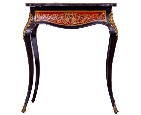 Boulle Style Vanity Table  Having an ebonized black wood frame, ormolu accents, tortoise shell style veneer topped with ornat