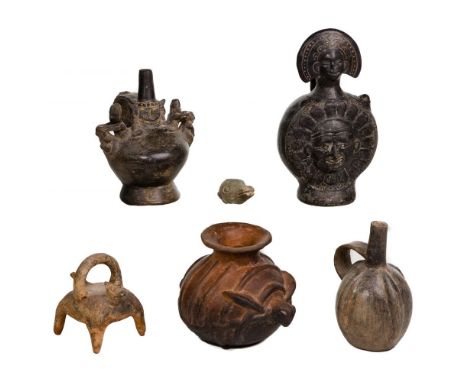 Pre-Columbian Style Pottery Assortment  (6) items including a Mayan effigy pot depicting a native stingless bee; a Colima loo