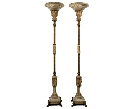 Renaissance Revival Torchiere Floor Lamps  (2) lamps having carved alabaster shade, mid-shaft ornament and base as well as a 