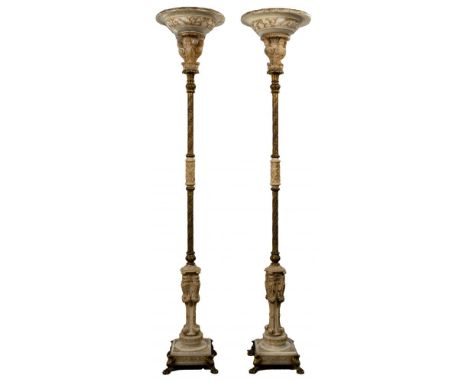 Renaissance Revival Torchiere Floor Lamps  (2) lamps having carved alabaster shade, mid-shaft ornament and base as well as a 