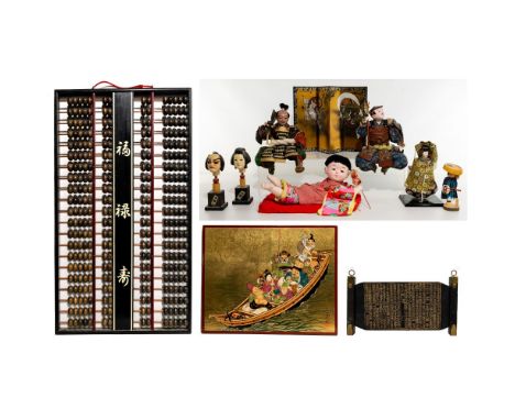 Asian Samurai Figurine and Decoration Assortment  (11) items including (2) kneeling Japanese samurai figurines having carved 