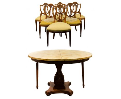 Hepplewhite Style Chairs and Dining Table  (7) items including (4) side chairs having monochrome yellow floral brocade seats,