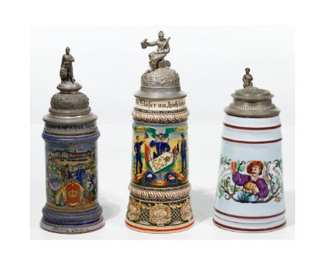 Lithophane and Ceramic Beer Stein Assortment  (3) items including (2) World War I era steins depicting German soldiers and sa