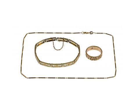 14k Yellow Gold Jewelry Assortment  (3) items including a nugget style ring, openwork bracelet with safety clasp and a neckla