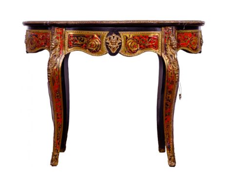 Boulle Style Occasional Table  Having an ebonized black wood frame, ormolu figural decoration, tortoise shell style veneer wi