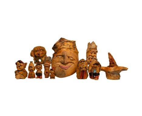 Carved Wood Gnome Figure Assortment  (11) objects including (8) standing figurines, a flat carving and (2) flat-backed carved