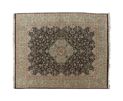 Kashan Style Room Size Wool Rug  Having an abstract floral pattern with center medallion in hues of rust, cream, light green 