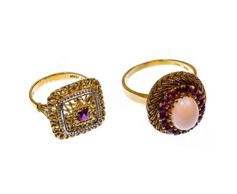 18k Yellow Gold and Ruby Rings  (2) rings including one with a 7mm by 10mm coral flanked by round cut rubies and one having a