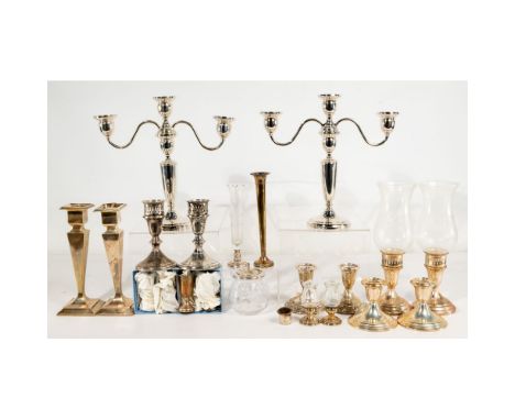 Sterling Silver Object Assortment  (21) weighted items including candelabras, candlesticks, hurricane lamps, salt and pepper,