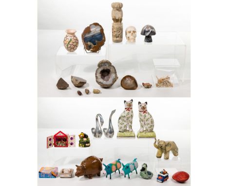 Decorative Object Assortment  (27) items including geodes, rocks, minerals, shark teeth, figurines, folk art, pottery; some i