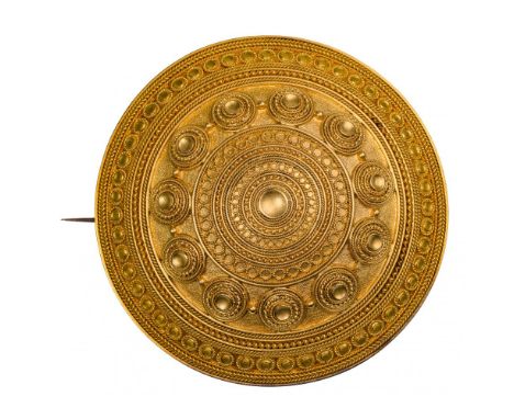 21k Yellow Gold Brooch  Round brooch having a concentric pattern of lines and circles; marked '14', 'VC' (Vilhelm Christesen)