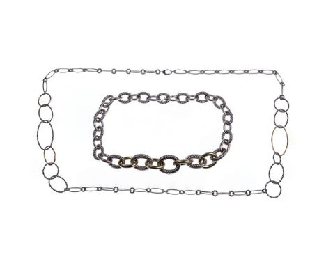 David Yurman 18k Gold and Sterling Silver Necklaces  (2) items including a link necklace having smooth gold links marked 'D.Y