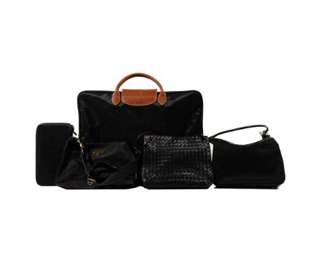 Designer Purse Assortment  (5) items including a Prada black leather nylon faced mini bag; a Gucci monogram black fabric and 