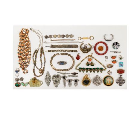 Silver and Costume Jewelry Assortment  (14) items including a pair of earrings having carved coral stones, a chain and heart-