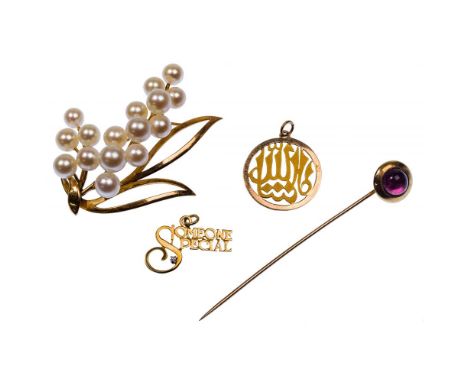 14k Yellow Gold Jewelry Assortment  (4) items including (2) pendants, stickpin and a pearl brooch; all marked '14k'  Length: 