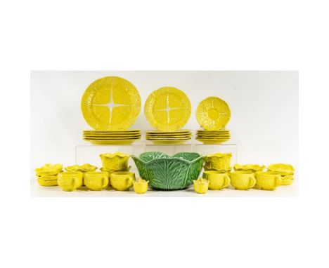 Secla Majolica Yellow Cabbageware Service  (32) items including (6) dinner plates, (6) salad / luncheon plates, (6) cups and 