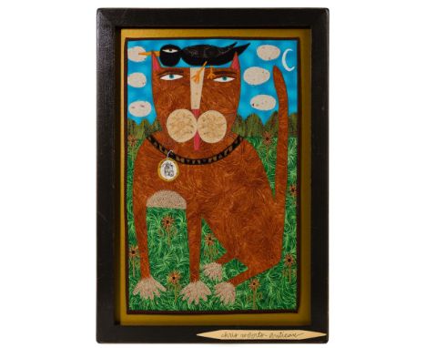 Chris Roberts-Antieau (American, b.1950) Tapestry  2018, signed on lower right frame, depicting a cat with its tongue outstre