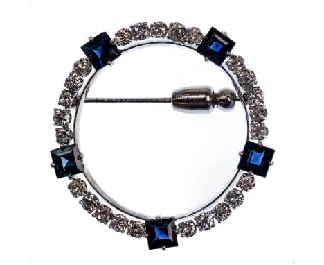 14k White Gold, Sapphire and Diamond Brooch  Having (5) princess cut sapphires separated by (25) round cut diamonds weighing 