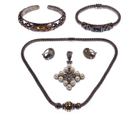 John Hardy Gold and Sterling Silver Jewelry Assortment  (5) items including a necklace, a pearl pendant, a pair of clip-on ea