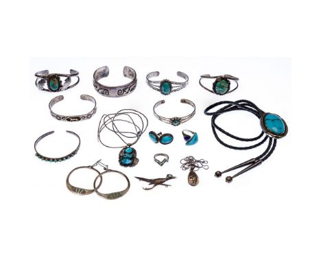 Native American Indian Navajo Silver Jewelry Assortment  (16) items including cuff bracelets with one marked '14k' gold appli