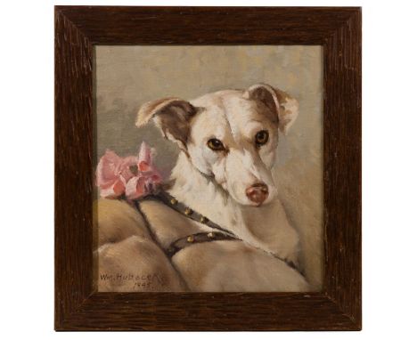 William Hubacek (American, 1871-1958) Oil on Canvas  1945, signed lower left, a portrait of a white dog having a pink bow; in