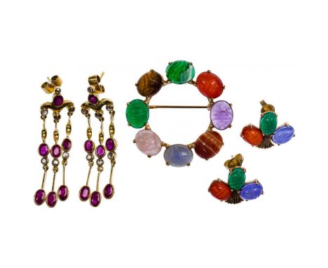 Gold and Semi-Precious Gemstone Jewelry Assortment  (3) items including (2) pairs of pierced earrings and a brooch, all havin