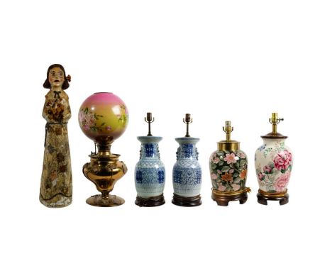 Table Lamp Assortment  (5) items including (2) Chinese wedding vase lamps having pea vine and double happiness decoration wit