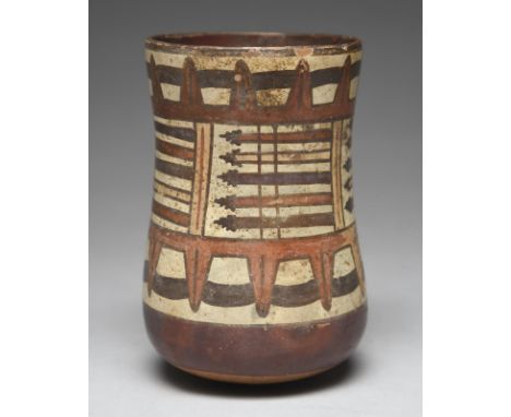 A Nazca vessel Peru, circa 100 BC - 200 AD pottery of waisted cylinder form painted with a white ground and four panels of ar