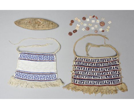 Two Amazon cache sexe Brazil fibre and coloured glass beads, 22.5cm and 24cm wide, a carved stone model of a corn cob, 20cm l