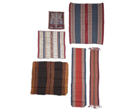 Six Peru textiles natural dyed wool, including two shawls mantas, 91cm x 111cm and 78cm x 69cm, a scarf, 144cm x 22cm,  a str