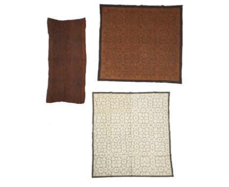 A Shipibo embroidered hanging Amazon Basin 156cm x 66cm, and two Shipibo painted cloths, 144cm x 147cm and 148cm x 137cm. (3)