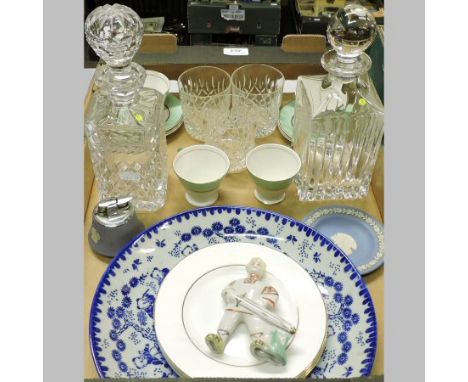 A cut glass decanter, together with another, three tumblers, a Chinese blue and white dish, a Wedgwood table lighter etc