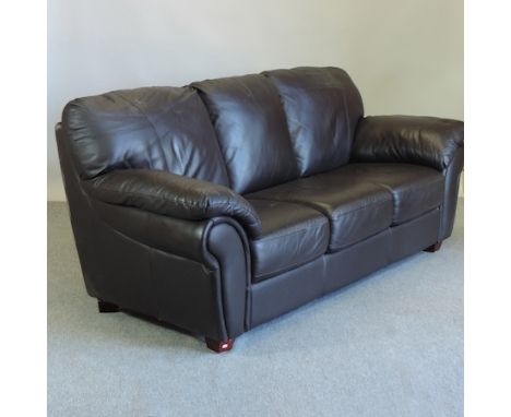 A modern dark brown leather upholstered sofa, 220cm