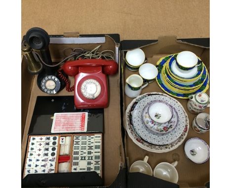 A stick telephone, together with 1970's telephones, a modern mahjong set, cased, and a collection of china