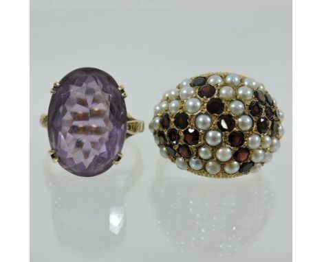 A 9 carat gold seed pearl and garnet dress ring, together with a 9 carat gold amethyst single stone ring