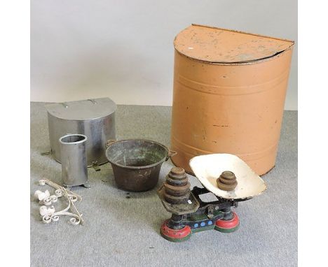 An early 20th century painted iron flower bin, 60cm, together with two coal scuttles, metalwares and scales