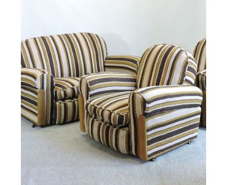 A 1930's striped upholstered three piece suite, comprising of a two seater sofa, 147cm and pair of armchairs