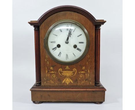 An Edwardian rosewood, mahogany and satinwood inlaid mantel clock, with a white enamel dial, 35cm tall