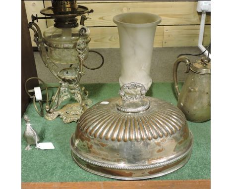 A collection of 19th century and later items, to include a silver plated cloche, together with an ornate gilt metal converted