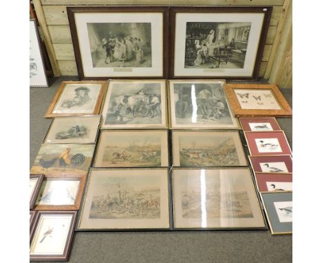A collection of pictures and prints, to include hunting scenes, bird prints and a Victorian watercolour of butterflies, 22 x 