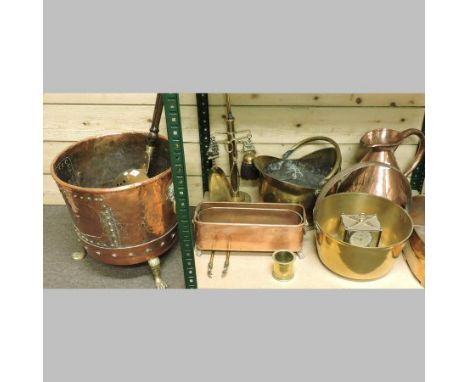 A collection of metalwares, to include a large copper riveted coal bucket, on paw feet, with lion mask handles, 42cm diameter