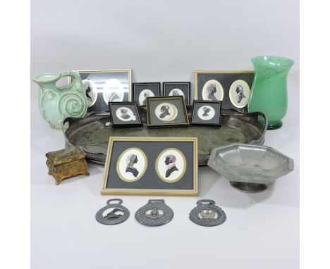 A silver plated tray, 63cm, together with a pewter dish, portrait miniatures, a Vasart green glass bowl and a Burleigh jug